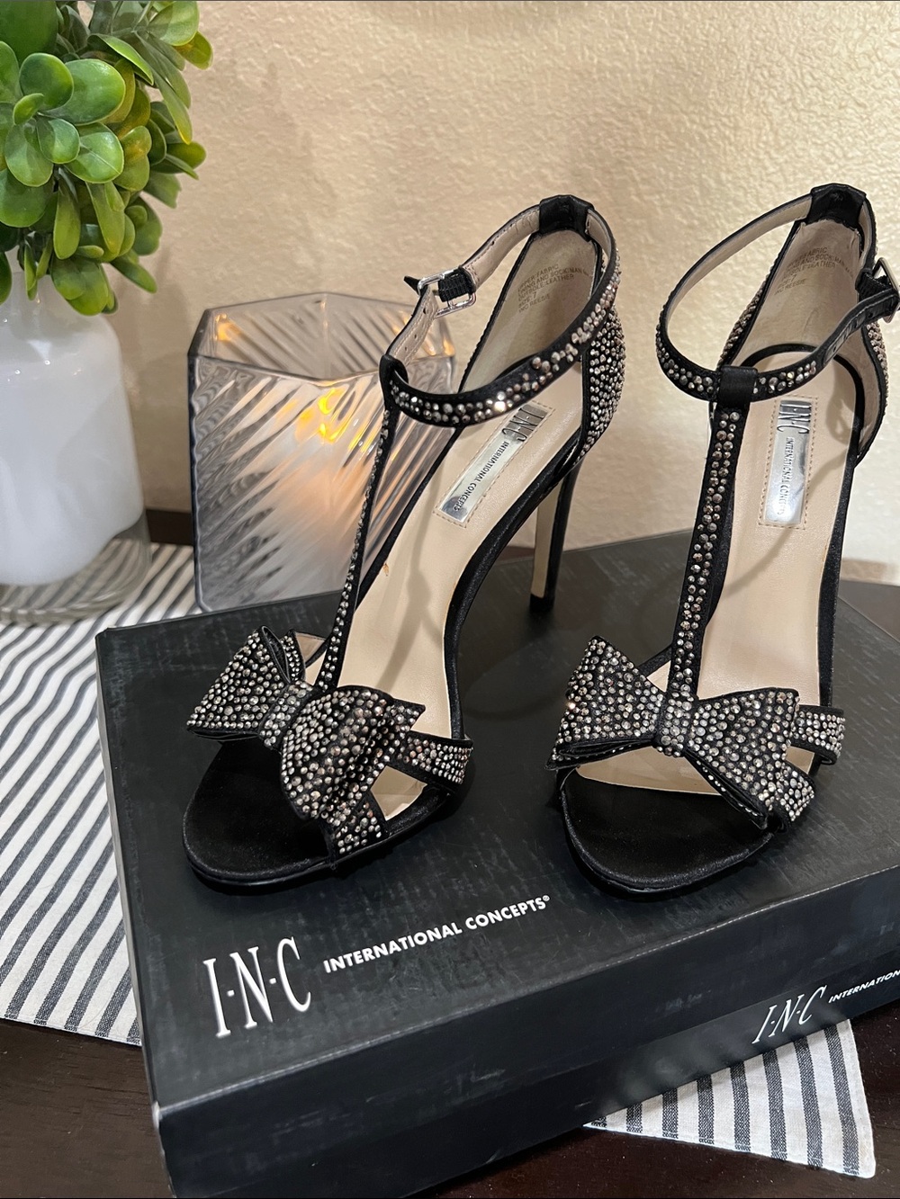 INC International Concepts Black Crystal Bow T-Strap Stilettos
